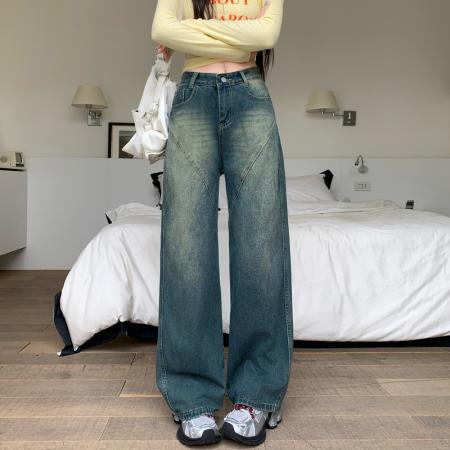 FA48501# -美式拼接复古牛仔裤女设计高腰宽松大码胖mm阔腿直筒拖地裤 服裝批發女裝批發服飾貨源