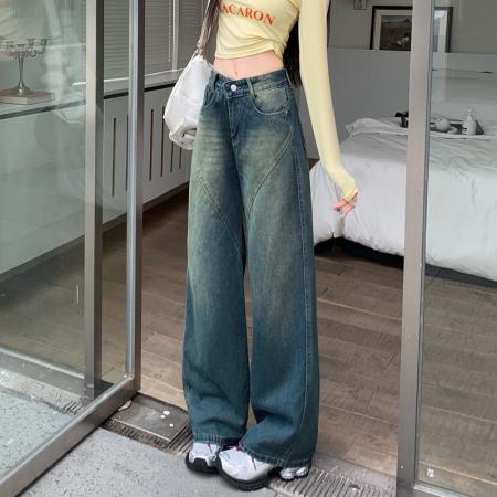 FA48501# -美式拼接复古牛仔裤女设计高腰宽松大码胖mm阔腿直筒拖地裤 服裝批發女裝批發服飾貨源