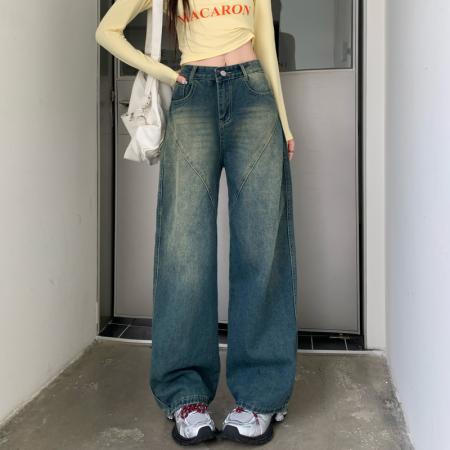 FA48501# -美式拼接复古牛仔裤女设计高腰宽松大码胖mm阔腿直筒拖地裤 服裝批發女裝批發服飾貨源