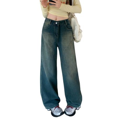 FA48501# -美式拼接复古牛仔裤女设计高腰宽松大码胖mm阔腿直筒拖地裤 服裝批發女裝批發服飾貨源
