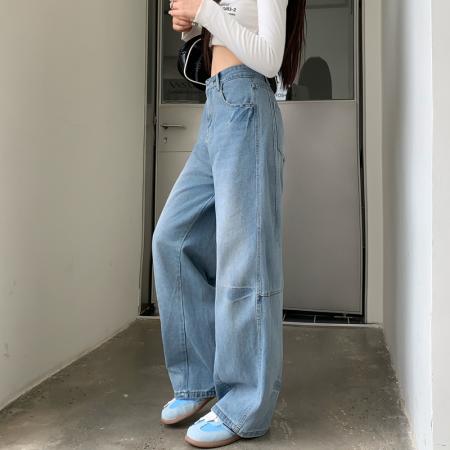 FA48502# -浅色高腰牛仔裤女大码胖mm梨型身材腿粗胯宽显瘦直筒弯刀裤 服裝批發女裝批發服飾貨源