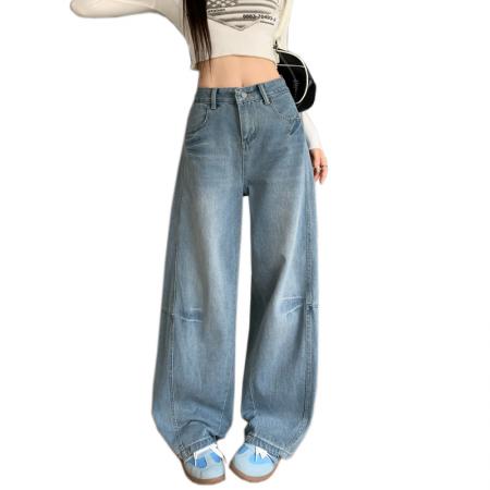 FA48502# -浅色高腰牛仔裤女大码胖mm梨型身材腿粗胯宽显瘦直筒弯刀裤 服裝批發女裝批發服飾貨源