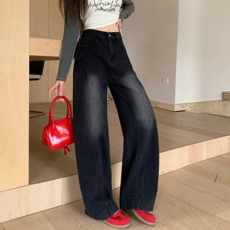 FA48503# -拖地长裤直筒梨形阔腿宽松拼接设计感大码黑灰高腰牛仔裤女 服裝批發女裝批發服飾貨源