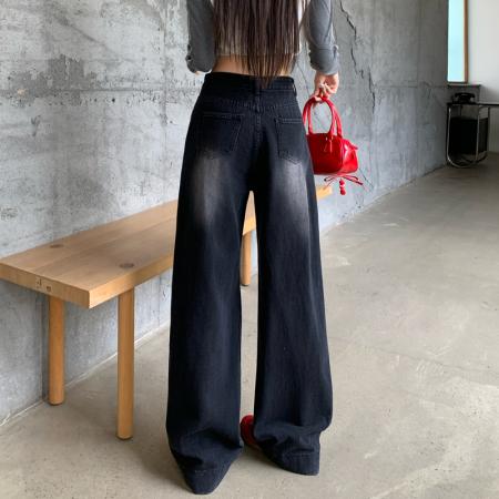FA48503# -拖地长裤直筒梨形阔腿宽松拼接设计感大码黑灰高腰牛仔裤女 服裝批發女裝批發服飾貨源