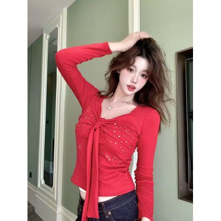 FA48504# 韩版纯欲辣妹风长袖T恤女秋季新款烫钻蝴蝶结设计感显瘦上衣 服裝批發女裝批發服飾貨源