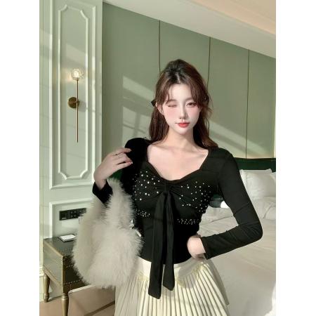 FA48504# 韩版纯欲辣妹风长袖T恤女秋季新款烫钻蝴蝶结设计感显瘦上衣 服裝批發女裝批發服飾貨源