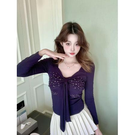 FA48504# 韩版纯欲辣妹风长袖T恤女秋季新款烫钻蝴蝶结设计感显瘦上衣 服裝批發女裝批發服飾貨源