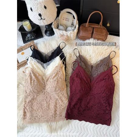 FA48505# 蕾丝v领带胸垫磨毛加绒保暖吊带背心女秋冬性感辣妹内搭打底上衣 服裝批發女裝批發服飾貨源