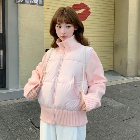 FA48509# 羊毛拼接秋冬新款法式气质设计感小众短款棉服外套棉衣 服裝批發女裝批發服飾貨源