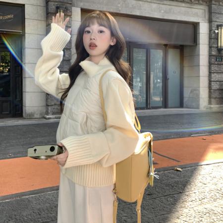 FA48509# 羊毛拼接秋冬新款法式气质设计感小众短款棉服外套棉衣 服裝批發女裝批發服飾貨源