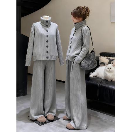 FA48510# 超火冬装一整套简约气质高智感穿搭灰色高领针织衫阔腿裤套装 服裝批發女裝批發服飾貨源