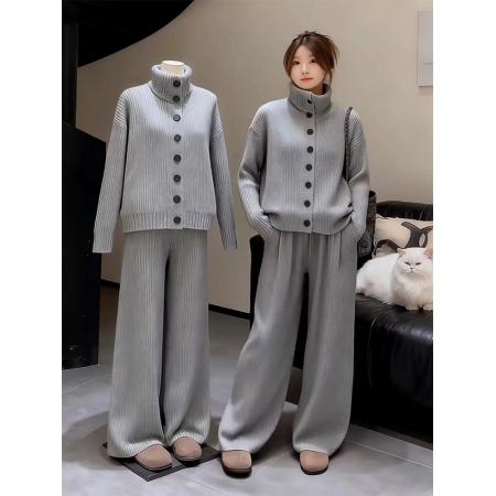 FA48510# 超火冬装一整套简约气质高智感穿搭灰色高领针织衫阔腿裤套装 服裝批發女裝批發服飾貨源