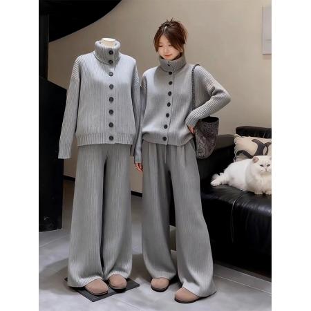 FA48510# 超火冬装一整套简约气质高智感穿搭灰色高领针织衫阔腿裤套装 服裝批發女裝批發服飾貨源