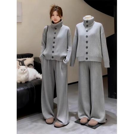 FA48510# 超火冬装一整套简约气质高智感穿搭灰色高领针织衫阔腿裤套装 服裝批發女裝批發服飾貨源