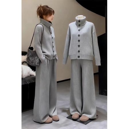FA48510# 超火冬装一整套简约气质高智感穿搭灰色高领针织衫阔腿裤套装 服裝批發女裝批發服飾貨源