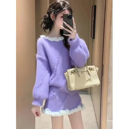 FA48511# 韩系紫色毛衣套装女新款穿搭巨好看减龄针织上衣半身裙两件套 服裝批發女裝批發服飾貨源