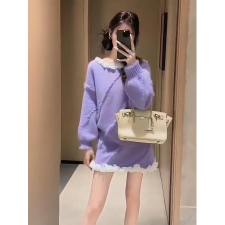 FA48511# 韩系紫色毛衣套装女新款穿搭巨好看减龄针织上衣半身裙两件套 服裝批發女裝批發服飾貨源