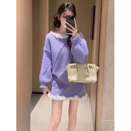 FA48511# 韩系紫色毛衣套装女新款穿搭巨好看减龄针织上衣半身裙两件套 服裝批發女裝批發服飾貨源