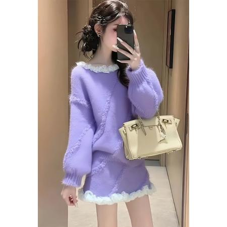 FA48511# 韩系紫色毛衣套装女新款穿搭巨好看减龄针织上衣半身裙两件套 服裝批發女裝批發服飾貨源