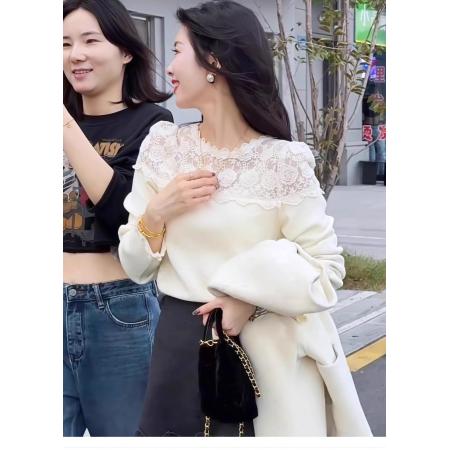 FA48516# 镂空长袖毛针织衫女新款秋冬季蕾丝内搭打底衫高级感洋气上衣 服裝批發女裝批發服飾貨源