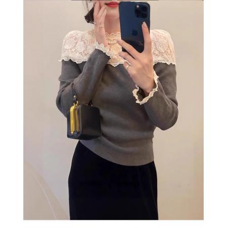 FA48516# 镂空长袖毛针织衫女新款秋冬季蕾丝内搭打底衫高级感洋气上衣 服裝批發女裝批發服飾貨源