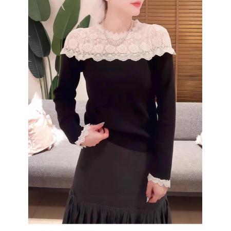 FA48516# 镂空长袖毛针织衫女新款秋冬季蕾丝内搭打底衫高级感洋气上衣 服裝批發女裝批發服飾貨源