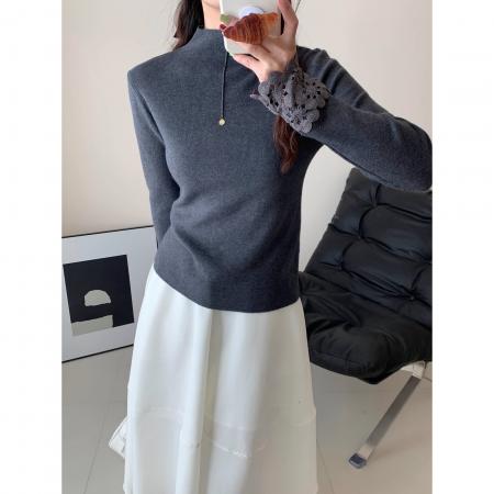 FA48518# 冬季新款半高圆领打底针织衫女蕾丝拼接纯色软糯打底衫 服裝批發女裝批發服飾貨源