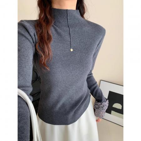 FA48518# 冬季新款半高圆领打底针织衫女蕾丝拼接纯色软糯打底衫 服裝批發女裝批發服飾貨源