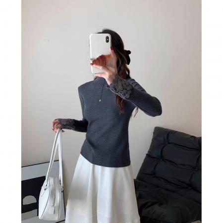 FA48518# 冬季新款半高圆领打底针织衫女蕾丝拼接纯色软糯打底衫 服裝批發女裝批發服飾貨源