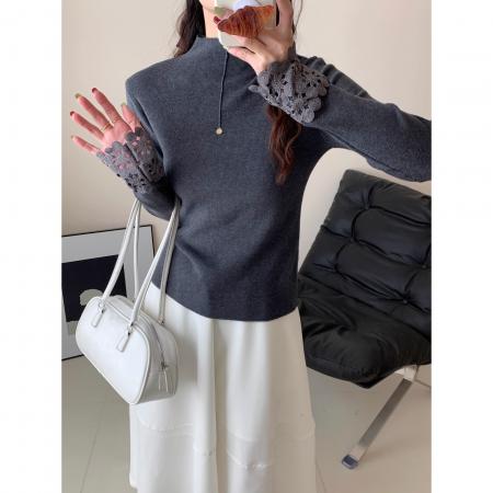 FA48518# 冬季新款半高圆领打底针织衫女蕾丝拼接纯色软糯打底衫 服裝批發女裝批發服飾貨源