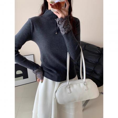 FA48518# 冬季新款半高圆领打底针织衫女蕾丝拼接纯色软糯打底衫 服裝批發女裝批發服飾貨源