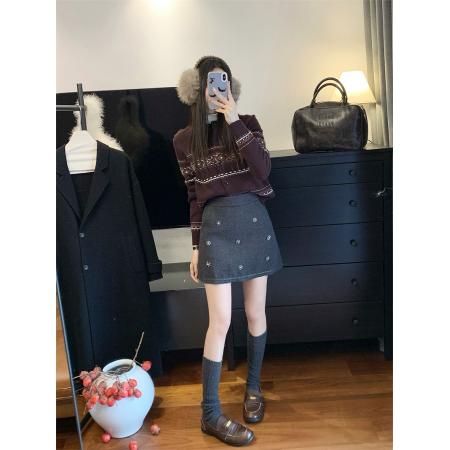 FA48519# ～大码胖MM重工钉珠亮片毛呢百搭A字半身裙 服裝批發女裝批發服飾貨源