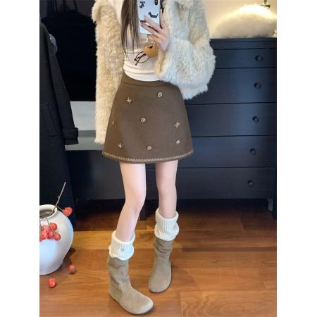 FA48519# ～大码胖MM重工钉珠亮片毛呢百搭A字半身裙 服裝批發女裝批發服飾貨源