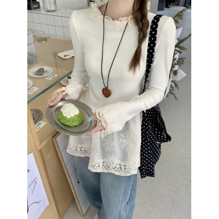 FA48520# ～大码胖MM法式复古小众设计感拼接蕾丝花边打底衫上衣t恤 服裝批發女裝批發服飾貨源