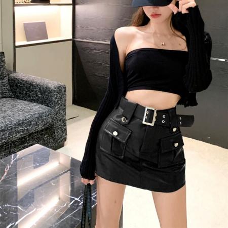 FA48521# 冬百搭洋气时尚气质辣妹工装风PU皮短裙A字裙半身裙女 服裝批發女裝批發服飾貨源