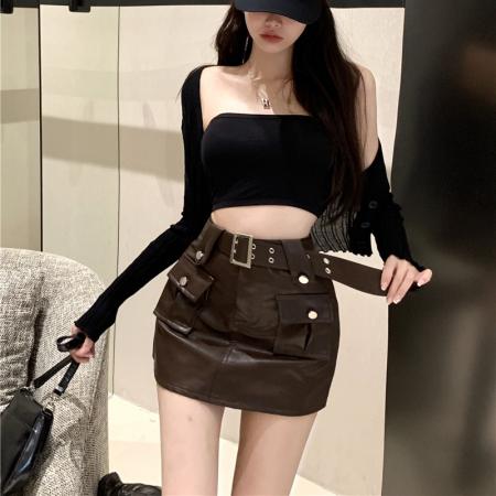 FA48521# 冬百搭洋气时尚气质辣妹工装风PU皮短裙A字裙半身裙女 服裝批發女裝批發服飾貨源