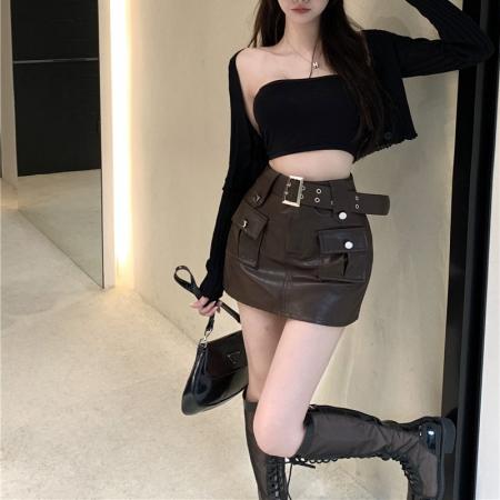 FA48521# 冬百搭洋气时尚气质辣妹工装风PU皮短裙A字裙半身裙女 服裝批發女裝批發服飾貨源