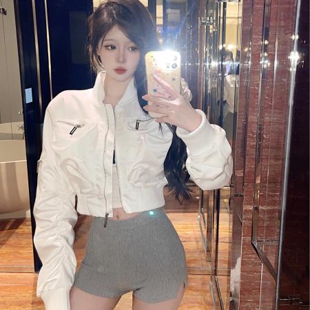 FA48527# 网红同款小众款双兜设计感口袋袖边短款外套飞行工装夹克女潮 服裝批發女裝批發服飾貨源