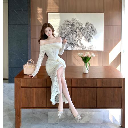 FA48528# 小性感露肩一字肩连衣裙修身显瘦高级感开叉内搭长裙送腰带 服裝批發女裝批發服飾貨源