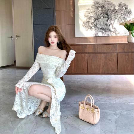 FA48528# 小性感露肩一字肩连衣裙修身显瘦高级感开叉内搭长裙送腰带 服裝批發女裝批發服飾貨源