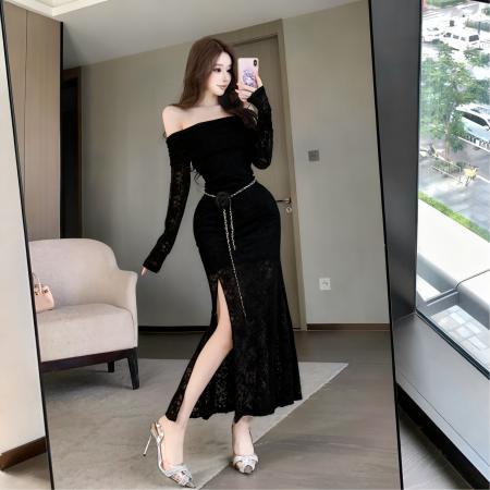 FA48528# 小性感露肩一字肩连衣裙修身显瘦高级感开叉内搭长裙送腰带 服裝批發女裝批發服飾貨源