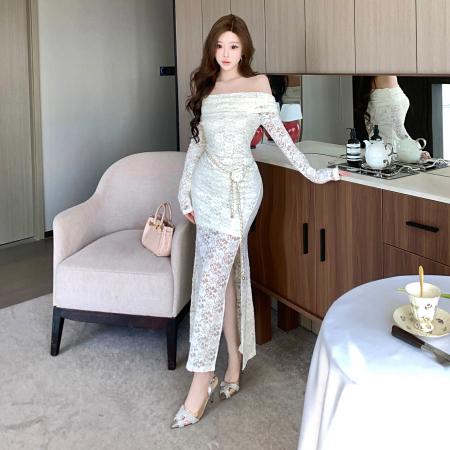 FA48528# 小性感露肩一字肩连衣裙修身显瘦高级感开叉内搭长裙送腰带 服裝批發女裝批發服飾貨源