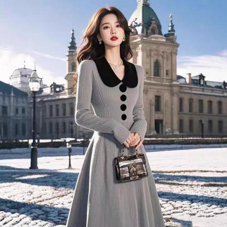 FA48529# 法式复古修腰翻领针织连衣裙新款女秋冬名媛高端小洋装毛衣裙 服裝批發女裝批發服飾貨源