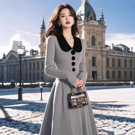 FA48529# 法式复古修腰翻领针织连衣裙新款女秋冬名媛高端小洋装毛衣裙 服裝批發女裝批發服飾貨源