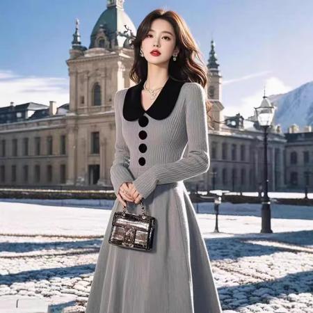 FA48529# 法式复古修腰翻领针织连衣裙新款女秋冬名媛高端小洋装毛衣裙 服裝批發女裝批發服飾貨源