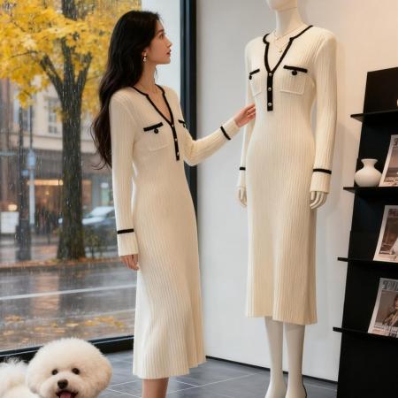FA48531# 气质女神范长袖加厚针织连衣裙女秋冬新款高级感法式长裙子 服裝批發女裝批發服飾貨源
