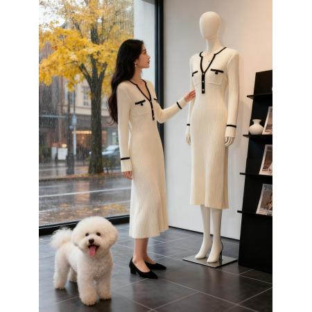 FA48531# 气质女神范长袖加厚针织连衣裙女秋冬新款高级感法式长裙子 服裝批發女裝批發服飾貨源