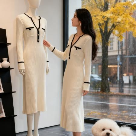 FA48531# 气质女神范长袖加厚针织连衣裙女秋冬新款高级感法式长裙子 服裝批發女裝批發服飾貨源