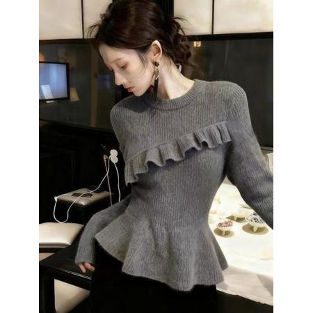 FA48532# 灰色半高领荷叶边针织衫女秋季新款设计小众修身显瘦长袖上衣 服裝批發女裝批發服飾貨源