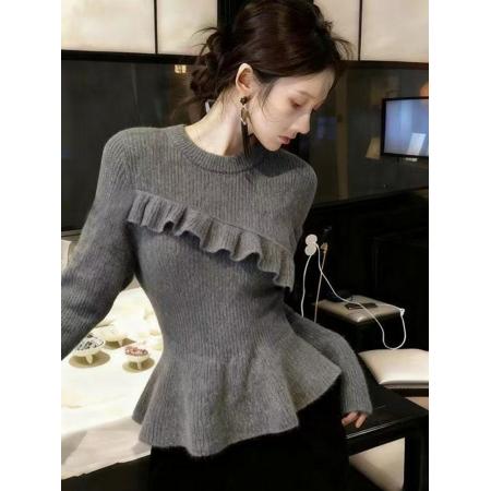 FA48532# 灰色半高领荷叶边针织衫女秋季新款设计小众修身显瘦长袖上衣 服裝批發女裝批發服飾貨源